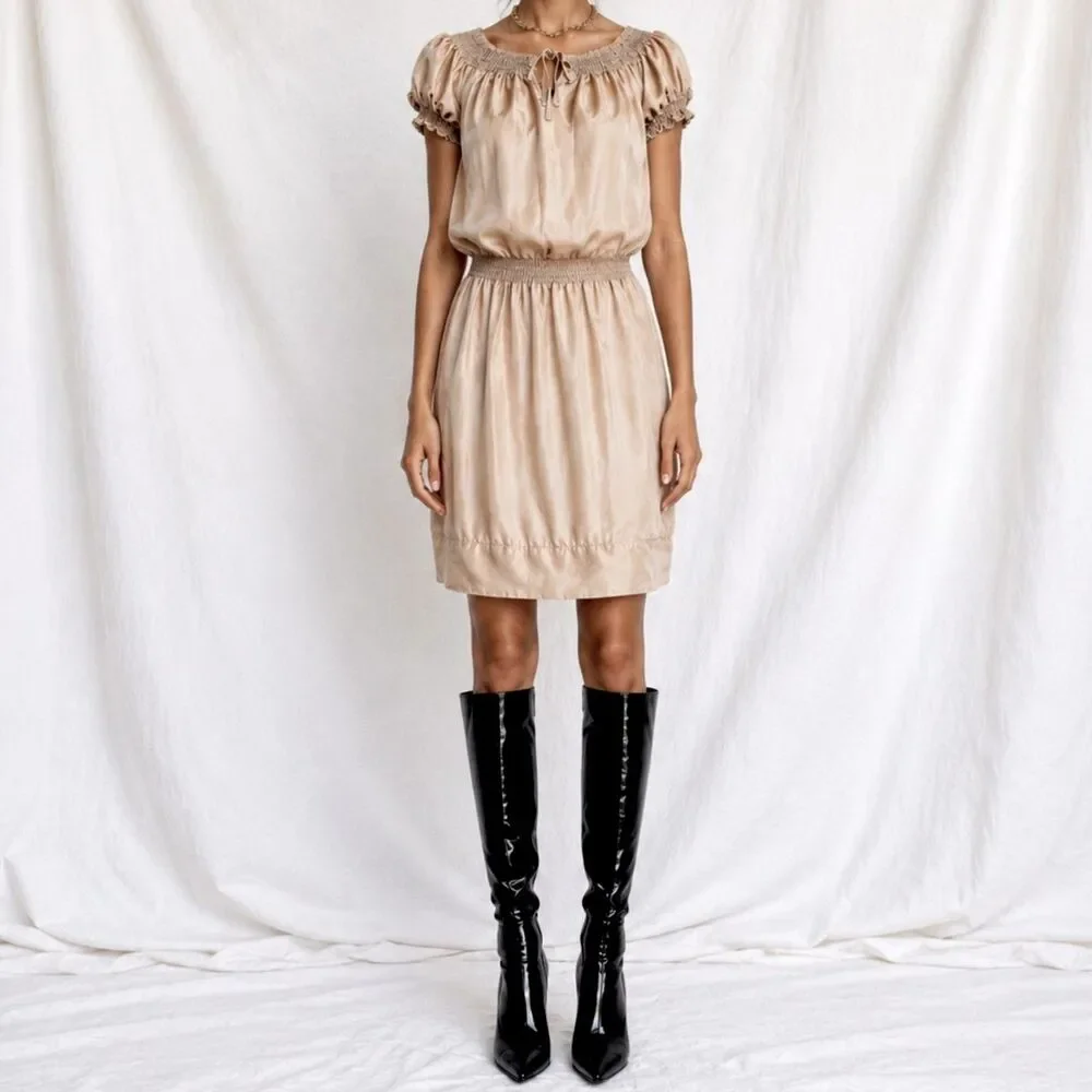 Vintage Y2K 90s Silk Beige Brown Puffy Sleeve Knee Length Boho Dress Size S/M/L